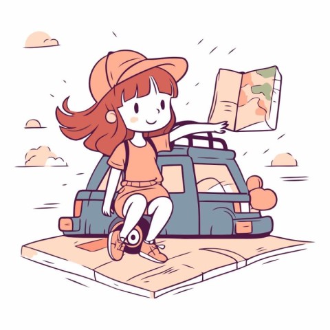 Vector illustration of a girl on the road with a map and a backp