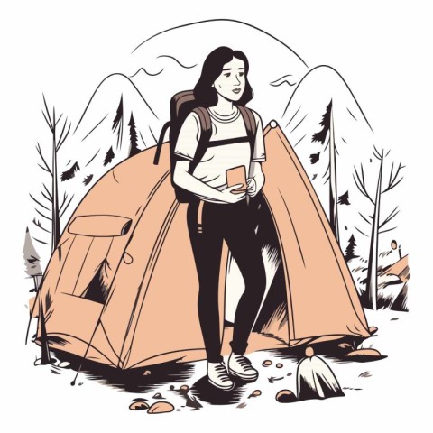 Woman hiker with backpack and tent in the forest.