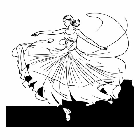 Ballerina in a beautiful dress. Black and white vector illustrat