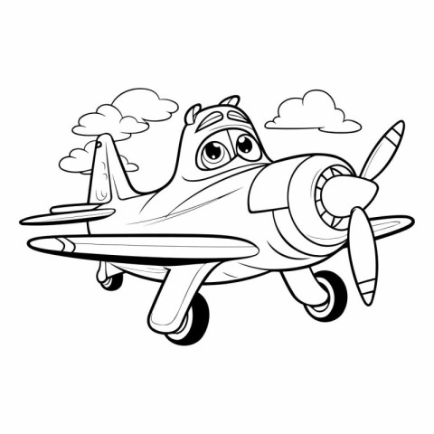 Black and White Cartoon Illustration of Cute Airplane Fantasy Ch