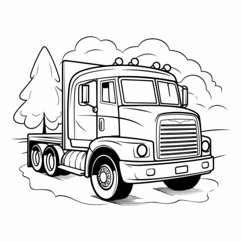 Vector image of a truck on a background of trees. Monochrome ima