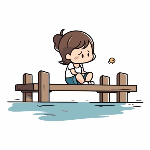 girl sitting on a wooden bridge over the river. cartoon vector i