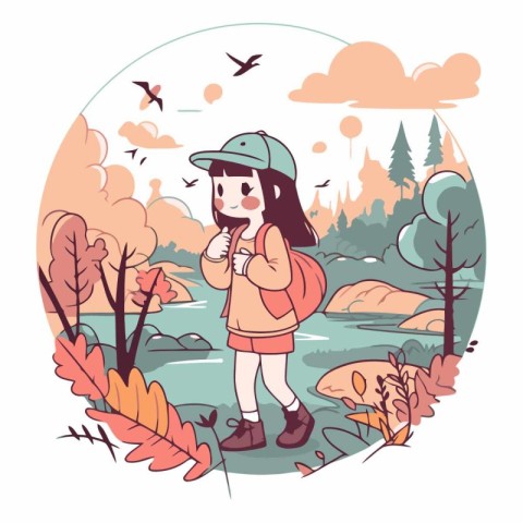 A girl in a hat with a backpack in the autumn forest