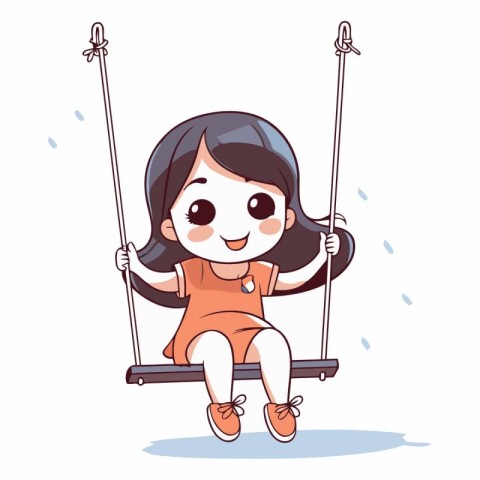 Cute little girl swinging on a swing. Vector cartoon illustratio