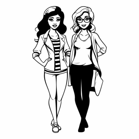 Beautiful young women in casual clothes. Black and white vector