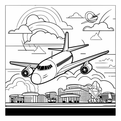 Airplane on the background of the city. Coloring book for childr