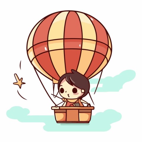 Cute cartoon boy flying in hot air balloon.