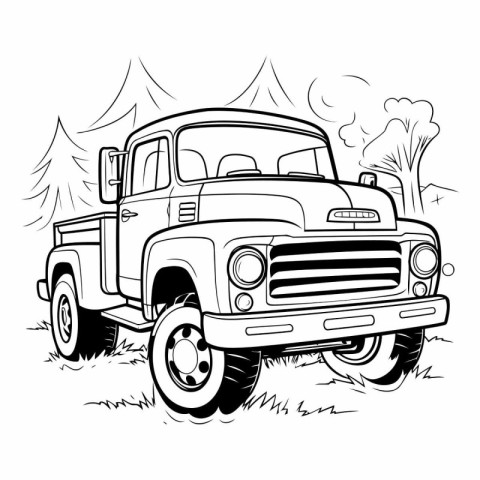 Pickup truck in the forest. Black and white vector illustration.