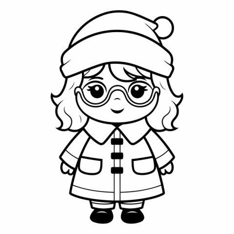 Black and White Cartoon Illustration of Cute Girl in Winter Clot