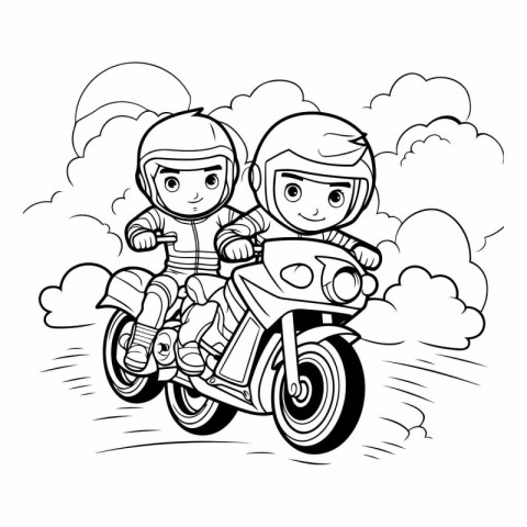 Boy and girl on motorbike for coloring book.