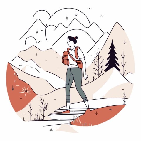 Vector illustration of a young woman with a backpack hiking in t