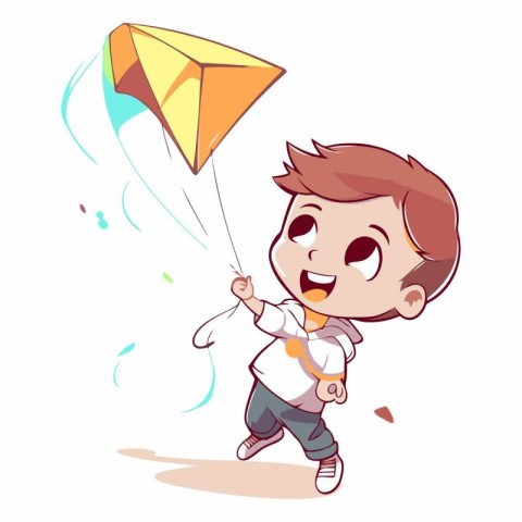 Cute little boy flying a kite. Cartoon vector illustration.