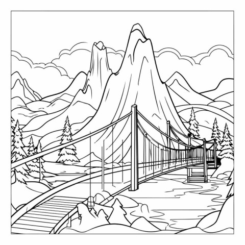 Suspension bridge in the mountains. Coloring book for adults and