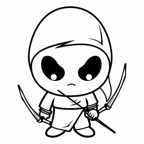 Ninja Warrior Cartoon Character Vector Illustration. Black And W