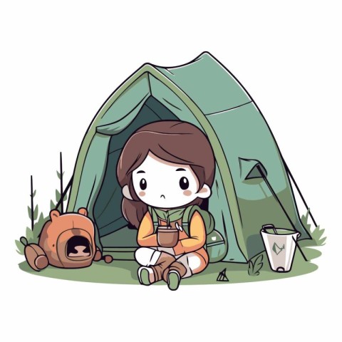 cute girl camping with her dog and tent vector illustration grap