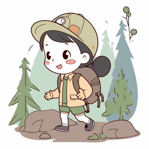 Illustration of a Kid Boy Hiking in the Mountains with a Backpac