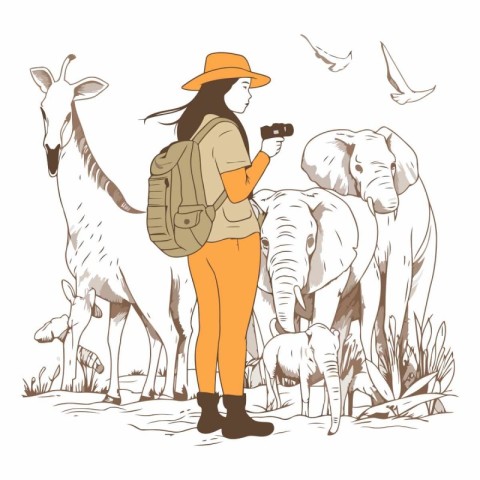 Vector illustration of a tourist with a backpack and a camera on