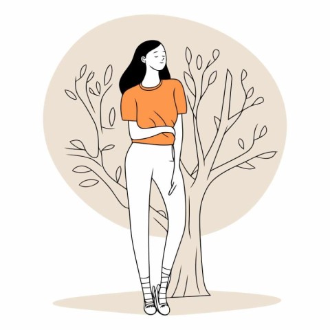 Vector illustration of a beautiful young woman standing next to