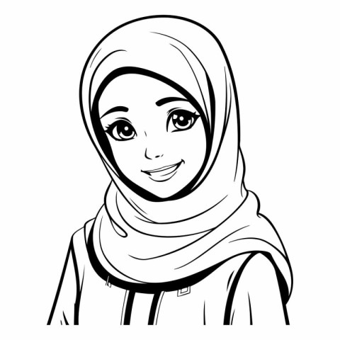 Beautiful young muslim woman in hijab. black and white vector il