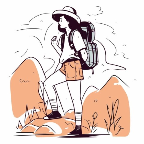 Hiking girl with backpack in mountains in hand drawn style.