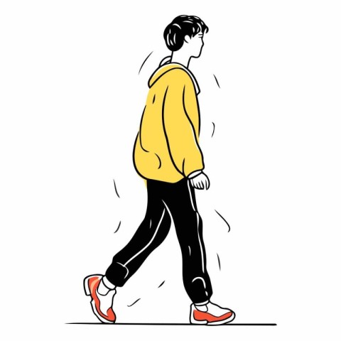 Young man in yellow hoodie and black pants walking.