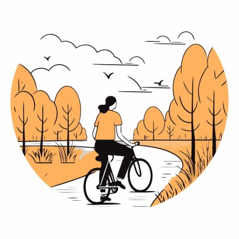 Woman riding bicycle in autumn park in flat style.