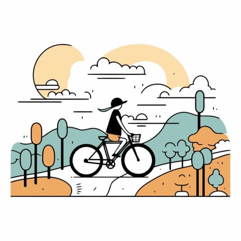 Vector illustration of a woman riding a bicycle in the park. Fla