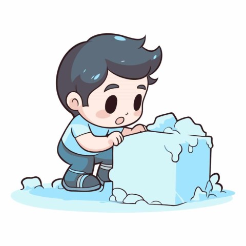 Cute little boy playing with ice block. cartoon vector illustrat