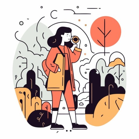 Vector illustration of a woman tourist with binoculars in the pa