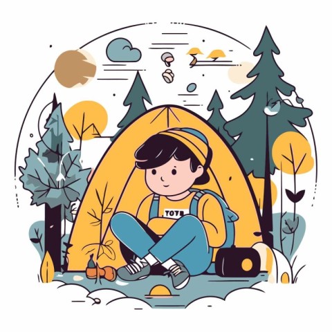 Cute little boy camping in the forest in a flat style.