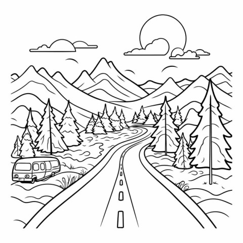 Road in the mountains. Black and white vector illustration for c