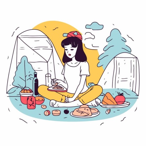 Woman sitting on the ground and having picnic in nature