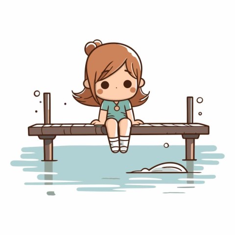 Girl sitting on the bridge and swimming in the pool.