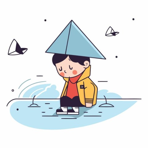 Vector illustration of a boy in a raincoat sitting on the beach