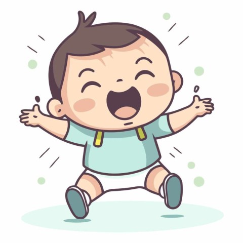 Cute little baby boy running in cartoon style.