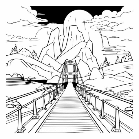 Bridge over the river. Black and white vector illustration for c