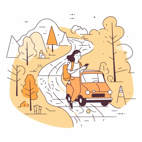 Vector illustration of a woman riding a car on the road in the p