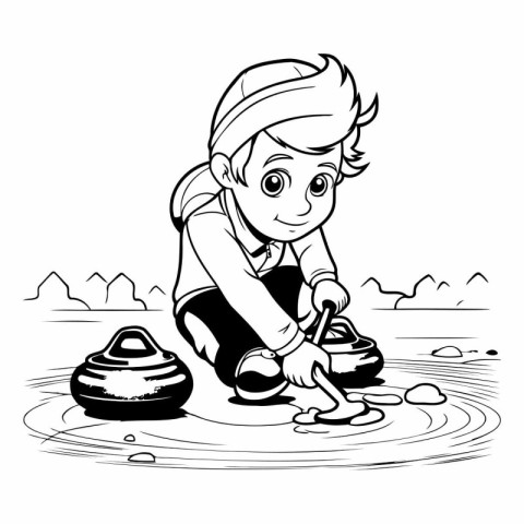 Cute little boy playing in the water. black and white vector ill