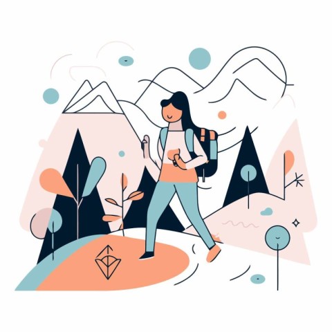 Vector illustration of a young woman hiking in the mountains. Fl