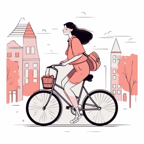 Young woman riding bicycle in the city in flat style