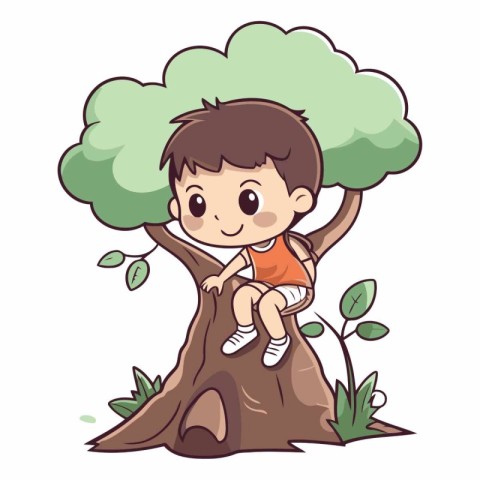 Little boy sitting on a tree of a cartoon character.