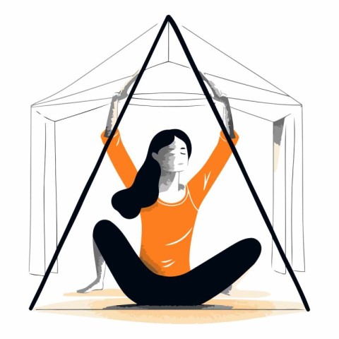 Vector illustration of a girl in a yoga pose in a tent.