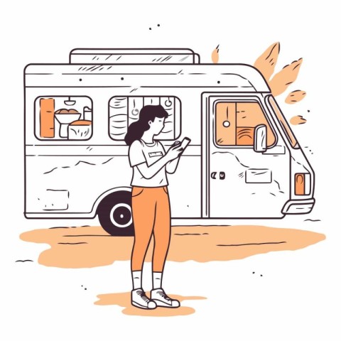 Woman using smartphone in camper van in line art style.