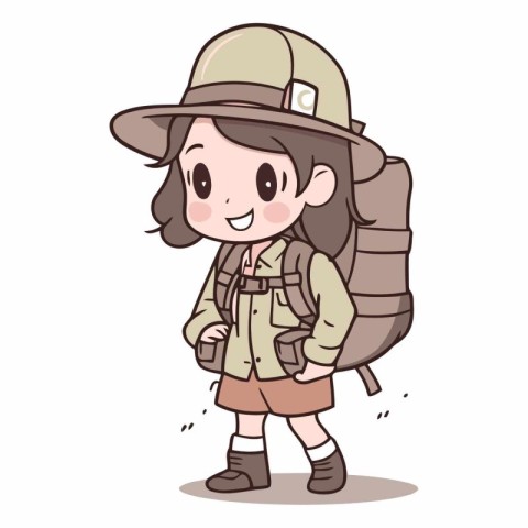 Girl wearing safari outfit and holding a backpack.