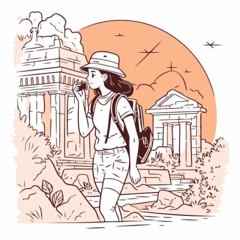 Traveler girl in Rome. Italy in sketch style