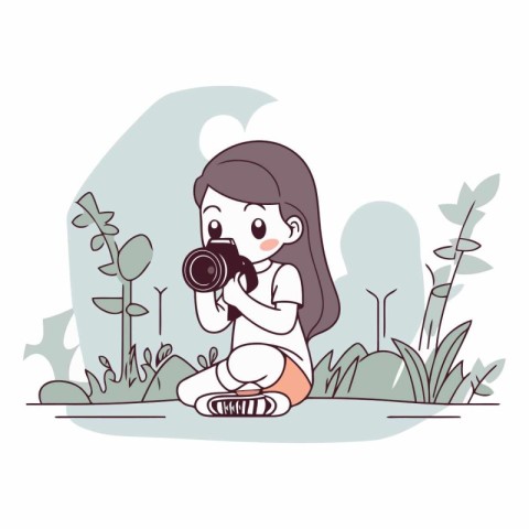 Little girl with camera in the park in cartoon style.