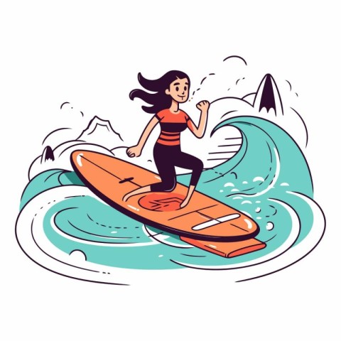 Surfer girl on surfboard in cartoon style.