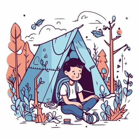 Little boy sitting in a tent in the forest.