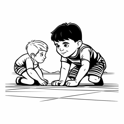 Little boy playing with a big brother. black and white vector il