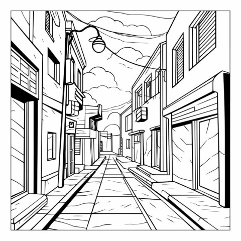 Street in the city. Black and white vector illustration for colo